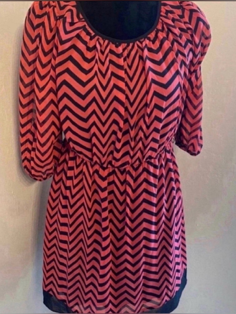 Women’s Chevron Print Tunic Dress - Coral and Black (Size S)